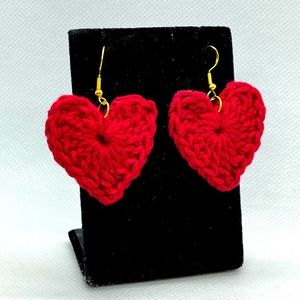Red heart earrings crochet hypoallergenic hooks plated made by seller